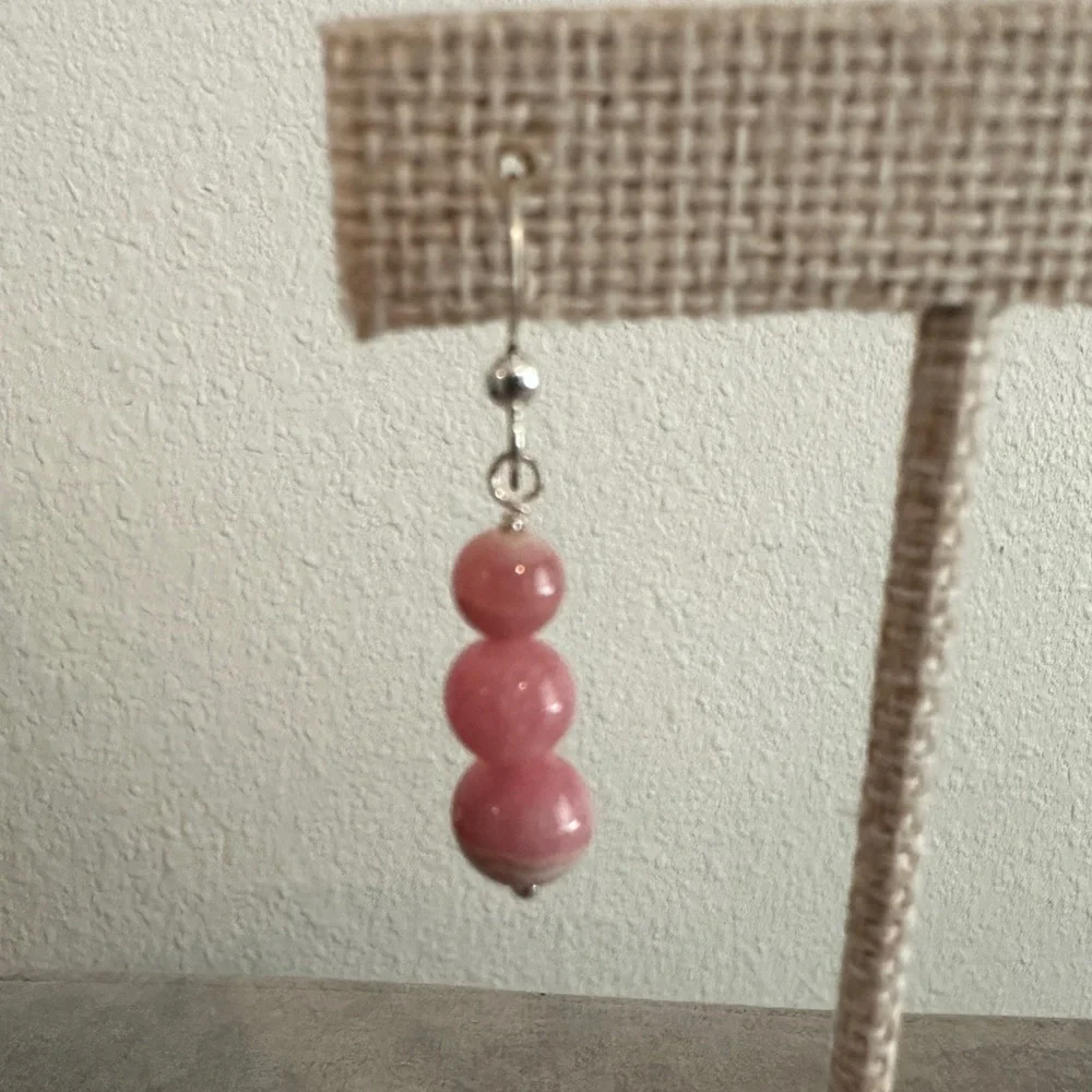 Rhodochrosite 3 bead drop earrings (pierced) by Jay King - Picture 2 of 7